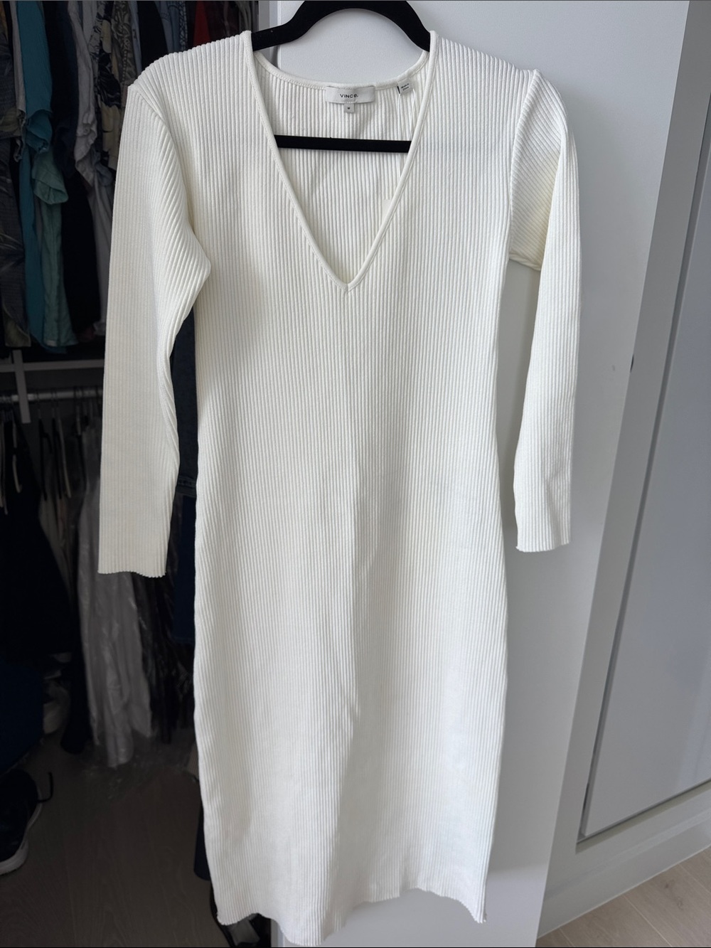 Vince Ivory Ribbed V-Neck Midi Dress